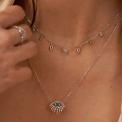Collier Ras Du Cou LUCKY EYE - Turquoise / Argenté -Femini Boutique 02623702 650 TU M2